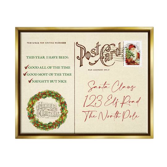 Stupell Industries Merry Christmas Vintage Postcard Framed Floater Canvas Wall Art